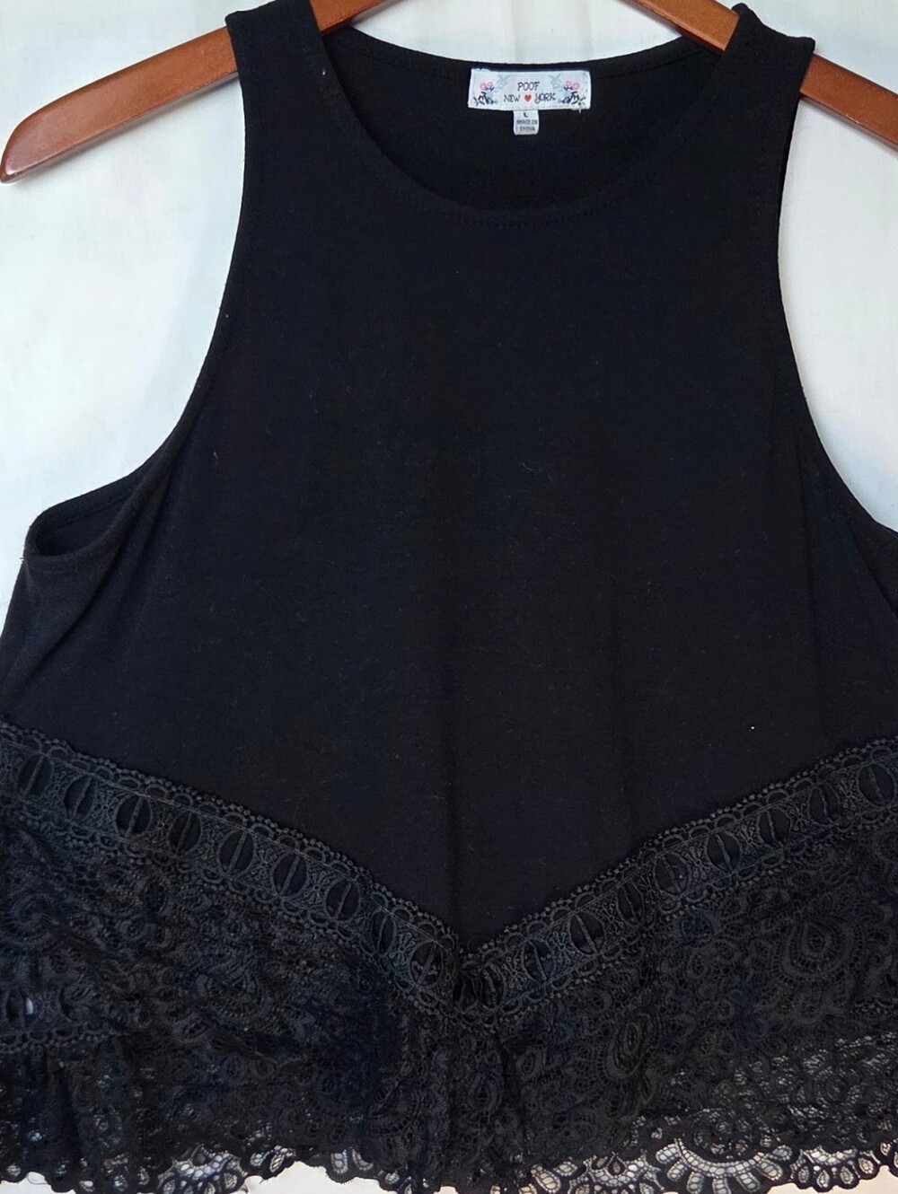 Women’s Poof New York Sleeveless Tank Top Black Sz L Layered Lace Hem Boho Chic
